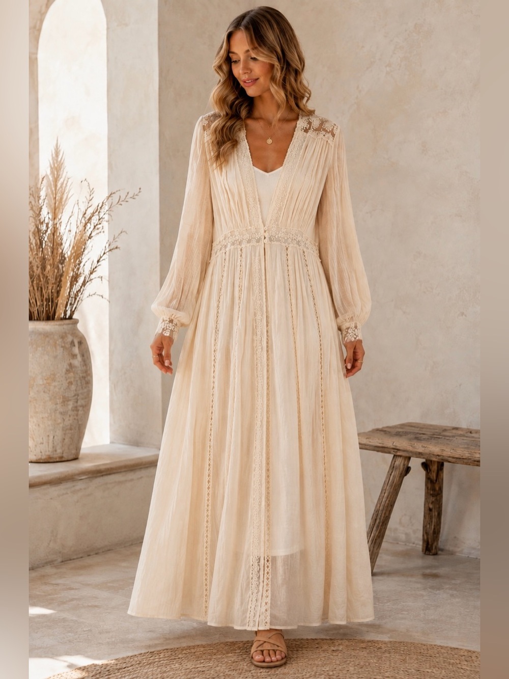 By Together Cream Lace Boho Maxi Duster Cardigan Size Small